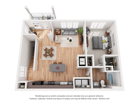 a stylized floor plan with a bedroom and living room